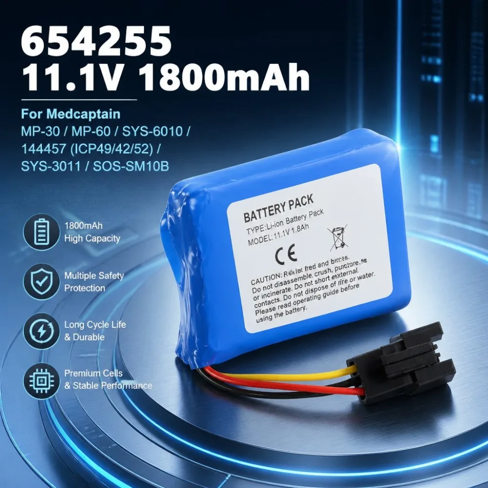 High-Quality 654255 11.1V 1800mAh Medical Battery For Medcaptain MP-30 MP-60 SYS-6010 144457 (ICP49/42/52)  SYS-3011 SOS-SM10B