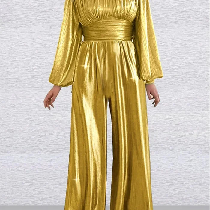 Women Aurumn Winter Jumpsuit Solid Color Long Sleeve O Neck Belt Wide Leg Pants High Waist Casual Fashion Comfortable Standard