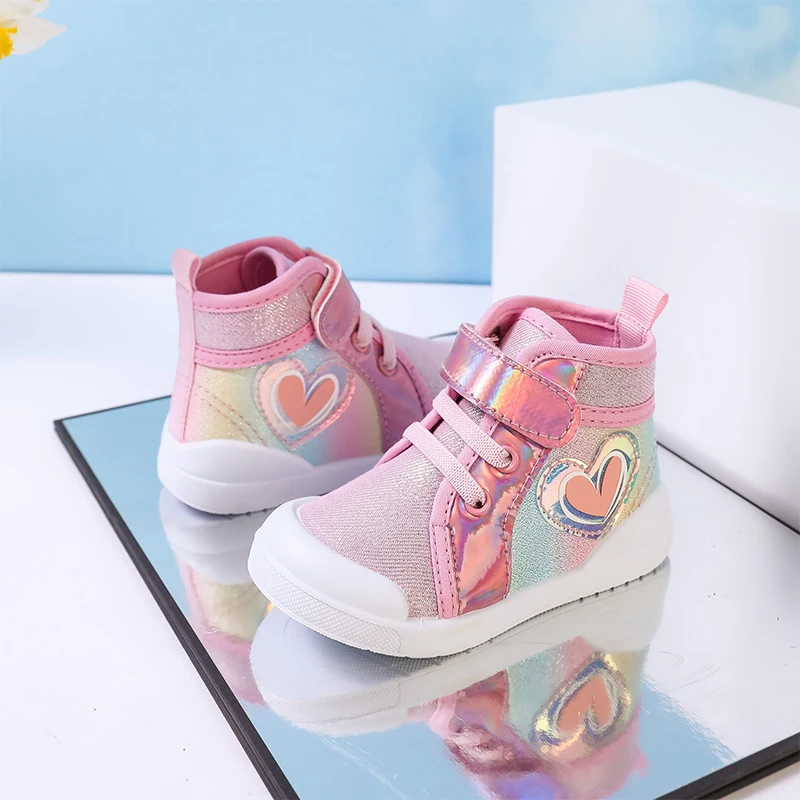 2024 Kinderen Canvas Schoenen Herfst Lente Meisjes Houden Van Regenboog Hoge Schoenen Kinderen Schattige Prinses Schoenen Kids Glitter Wandelschoenen