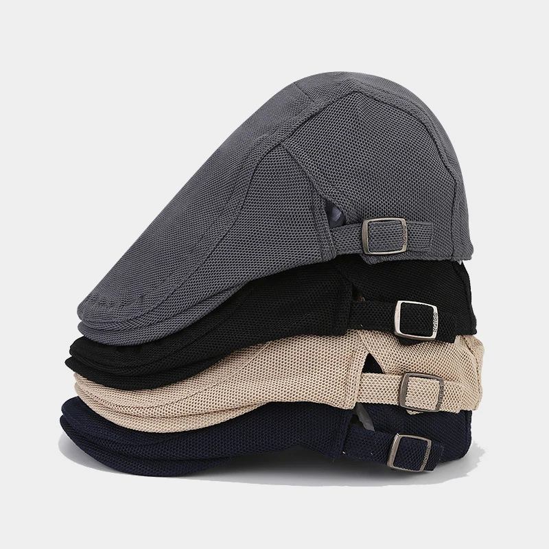 Men's Black Mesh Flat Cap Breathable Casual Adjustable Driving Newsboy Ivy Hat