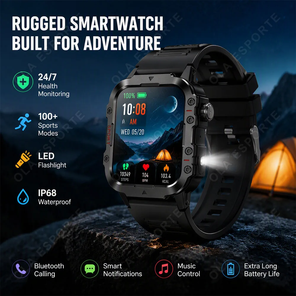 Outdoors Men's Smartwatch LED Flashlight Illumination Heart Rate Health Monitor Pedometer Multi-function Watch Waterproof HW12