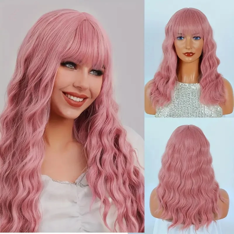 Long Synthetic Hair Wigs With Bangs 30Inches Water Wave Curly Hair For Woman High Temperature Fiber