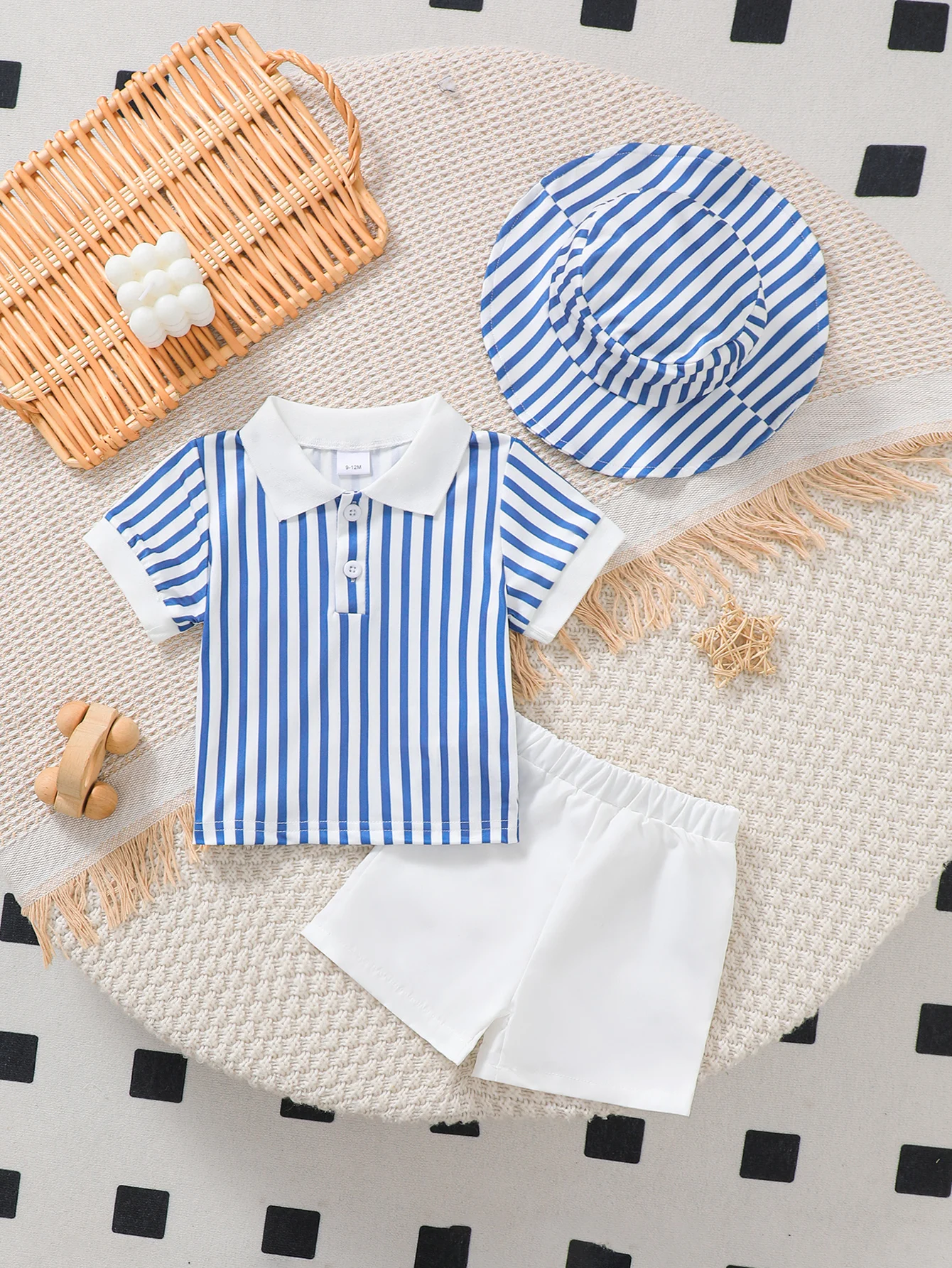 3PCS Set Boys Summer Striped Short Sleeve Shirt And Shorts Outfit with Hat Fashionable Kids Casual Wear for Outdoor Activities