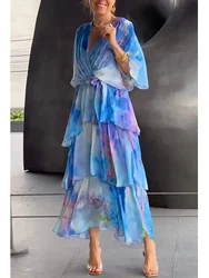 Autumn Women's Mid Sleeve Casual Style Polyester Material 2024 New Fashion V-neck Lotus Leaf Sleeve Dress