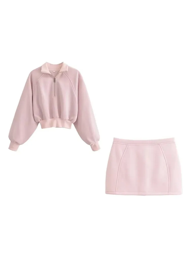 

Pink Cropped Sweatshirt Skirts Sets Women Zipper Sweatshirt Tops+High Waist Mini Skirt Autumn 2024 New Office Lady Two Piece Set