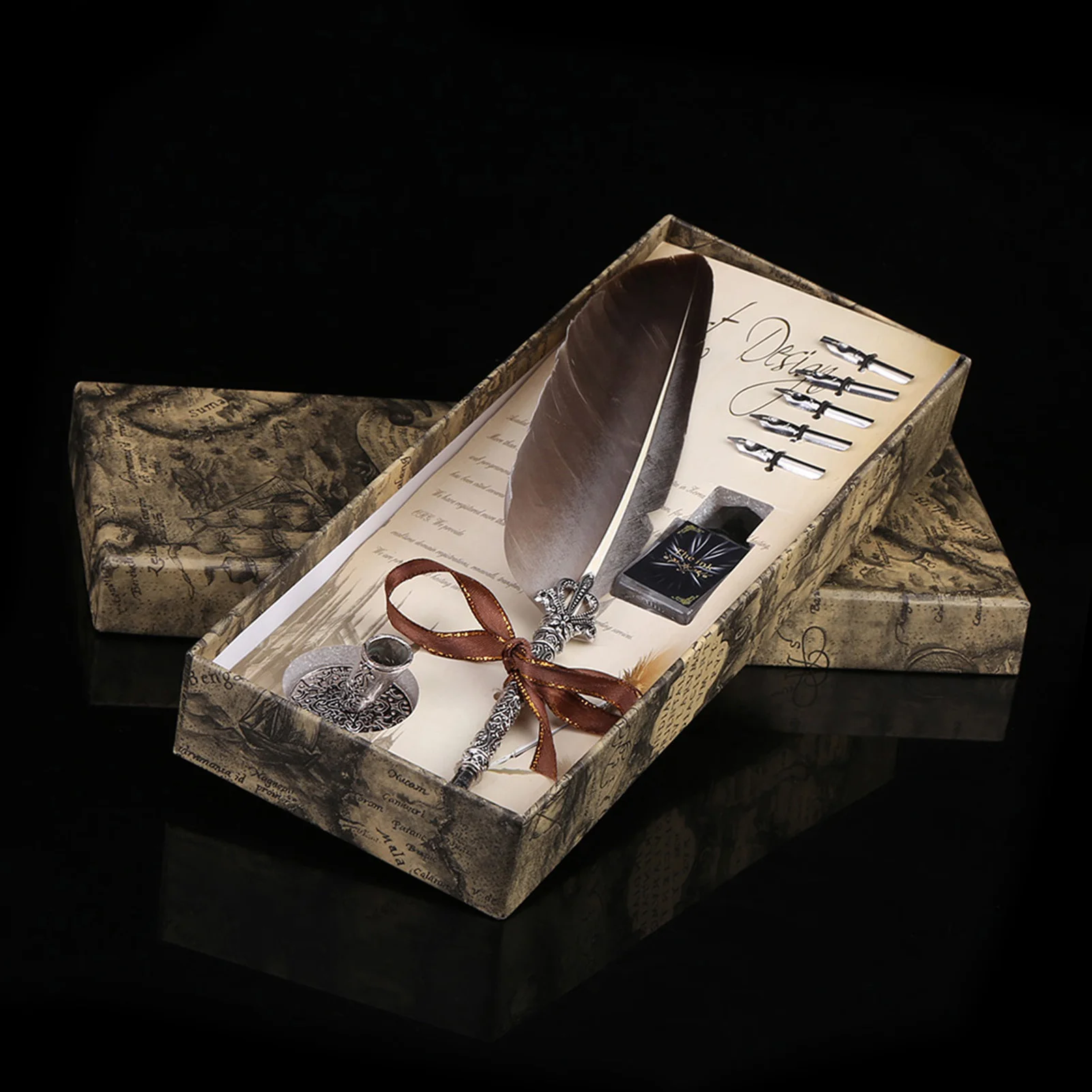 

English Calligraphy Dip Quill Pen Writing Ink Set Stationery Gift Box with 5 Nibs Quill Pen Set Feather Dip Pen Black