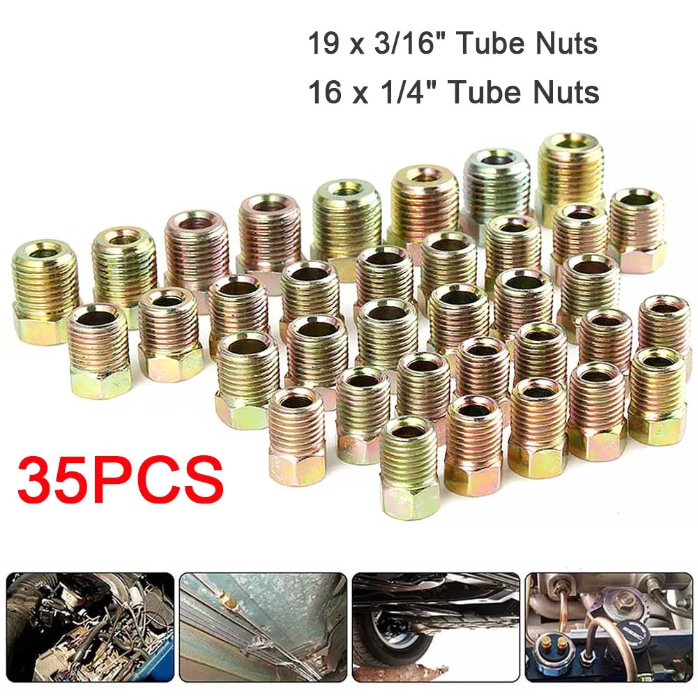 35pcs Brake Line Fitting Nuts Kit For Inverted Flares On 3/16 And 1/4 Tube Iron Plating Zinc Nuts Kit