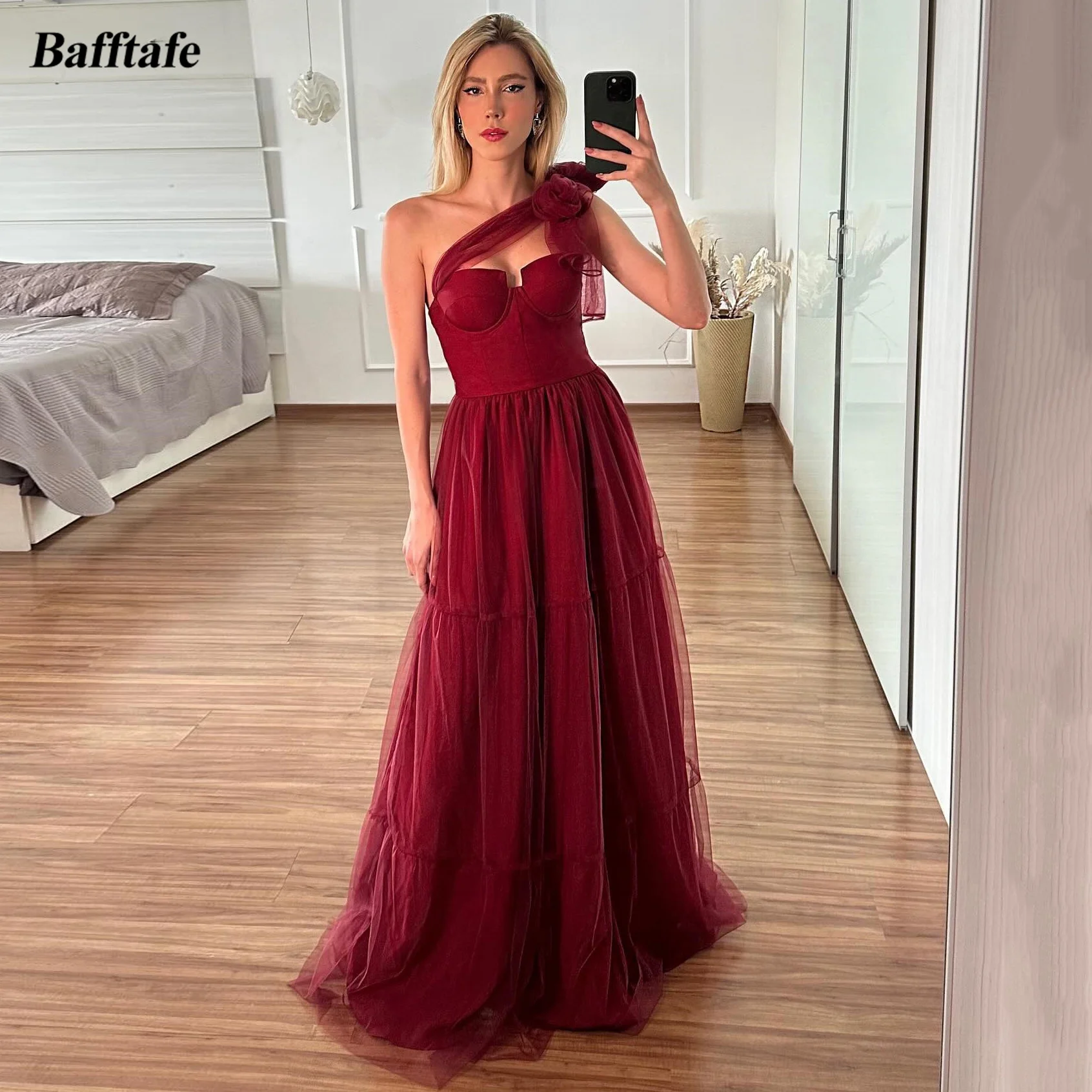 

Bafftafe A Line Tulle Long Prom Dresses One Shoulder Floor Length Tiered Formal Occasion Gowns Evening Dress 빅사이즈 파티드레스 2024