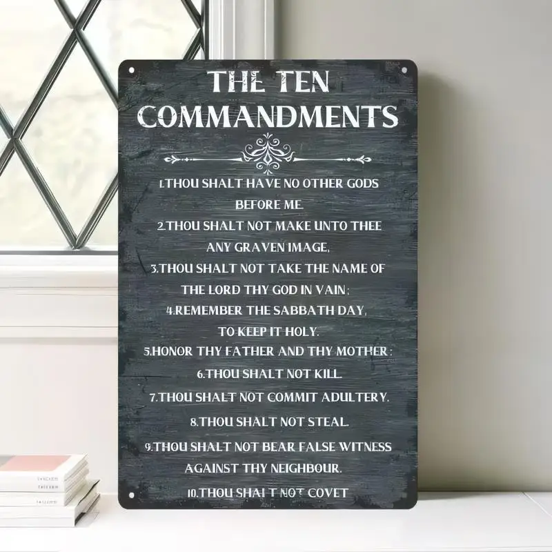 Vintage Distressed Black Iron Ten Commandments Tin Sign - Retro Religious Wall Art, Decorative Typography, Perfect for Home, Chu