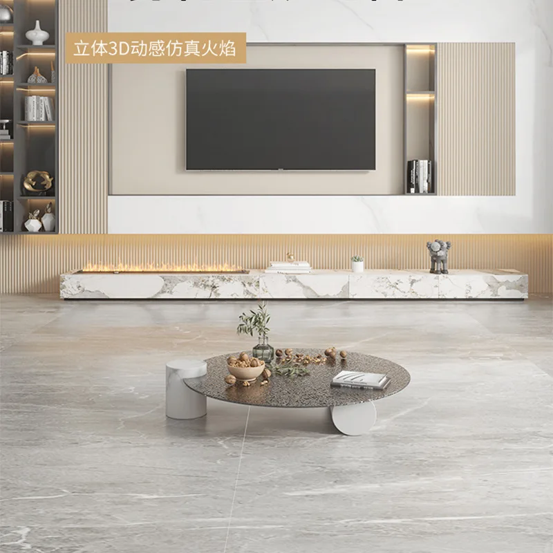 Light luxury rock slab TV cabinet Modern simple living room floor Small apartment simulated flame atomization humidification fir