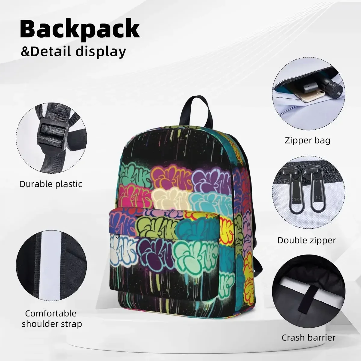 Synr Throwie Rinse Graffiti Piece Backpack Boys Girls Bookbag Cartoon Kids Rucksack Laptop Rucksack Shoulder Bag Large Capacity