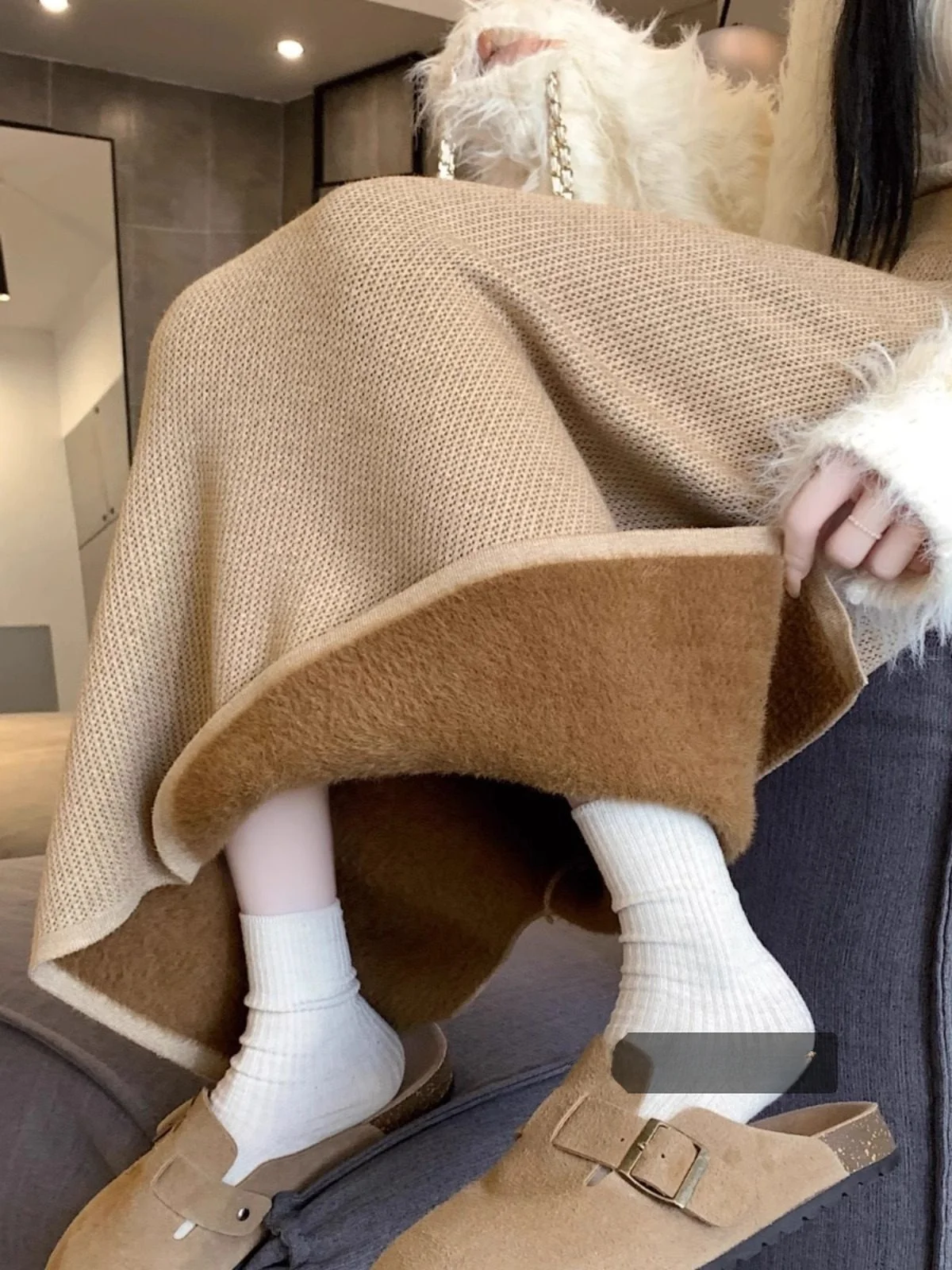 

Утепленная вязаная юбка с высокой талией и асимметричным подолом, миди, для женщин, осень-зима, облегающая, А-силуэт