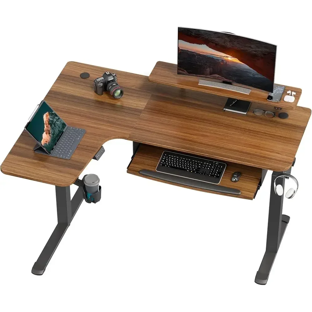 Electric Adjustable Height Standing Desk with Keyboard Tray, 61x43, Dual Motor, Memory Presets, USB/RGB, Walnut/White Finish for