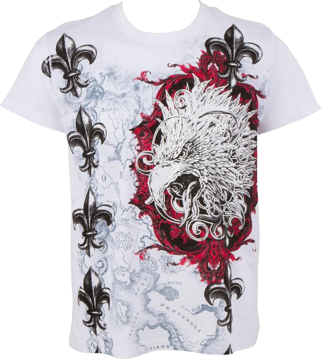 

Sakkas Eagle Head and Fleur t shirts de Lis Metallic Silver Embossed Cotton Mens Fashion T-Shirt y2k clothes man