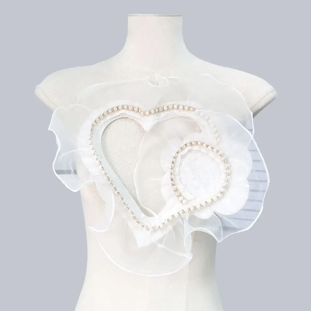 T-shirt Flounces Lace Love Heart Patch Organza Pearls Clothing Patch White Chest Flower Clothes Appliques for Clothes