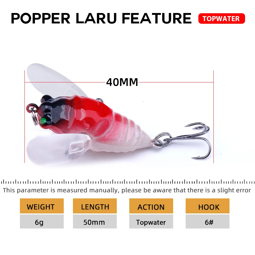 Agoie 6.5g 5cm Topwater Popper Lure with Wings Artificial Bait Lifelike Cicada Glow in the Dark Fishing Lure for Pike Bass - view 2