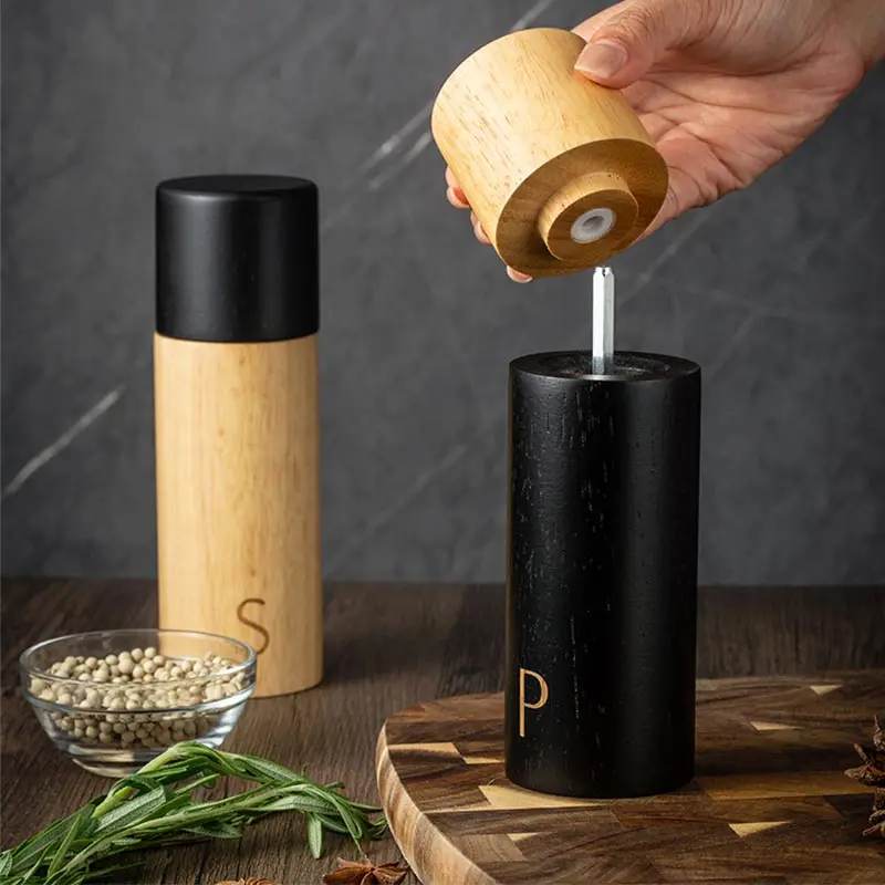 7-inch Wooden Salt and Pepper Grinder Set,Refillable and Matching Spice Mill,Wood Tray,Manual Salt Pepper Shakers Set,S-P label