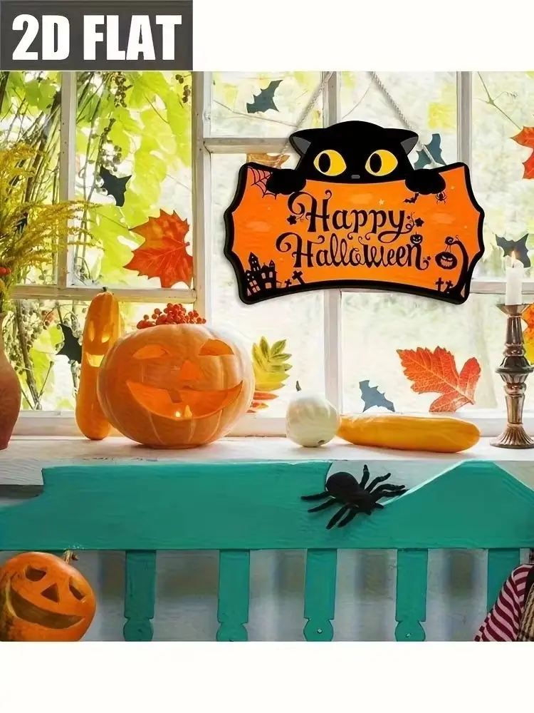 Halloween-Holzschild zum Aufhängen, schwarze Katze, „Happy Halloween“, Türdeko, Wanddekoration für Hauspartys, Fenster, Veranda, Feiertagsdekoration.