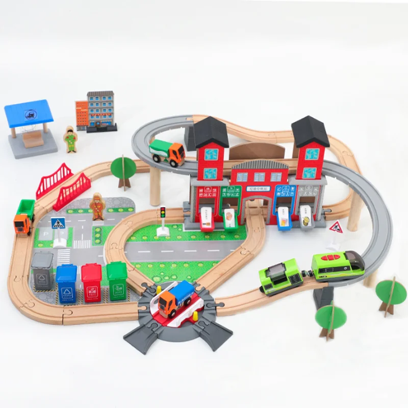 

Детский деревянный конструктор: Набор для сборки городской железной дороги с электромобилем и поездом, игрушки для мальчиков и девочек, подарок на день рождения