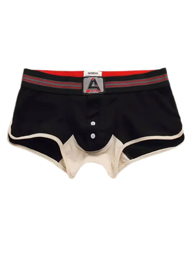 Men's flat angle underwear, cotton medium and low waisted, slim fitting, button opening, U-shaped convex bag, sexy