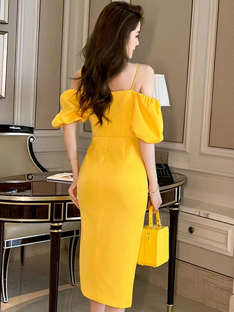 Sweet Elegant Evening Dress for Women Celebrity Satin Yellow Off Shoulder Slit Robe Female Party Night Out Vestidos Date Gown