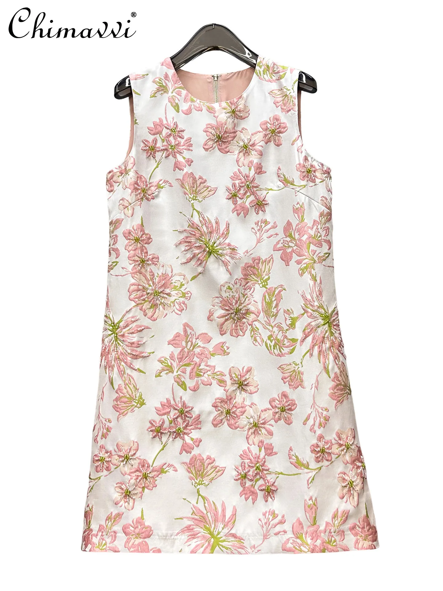 

2026 Spring and Summer New Women Heavy Jacquard Embroidery Flower Beaded A-line Dress Light Luxury High-end Elegant Tank Dress