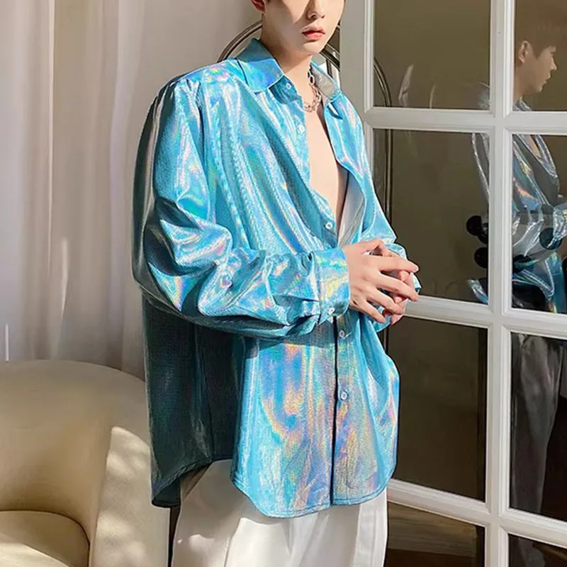 Oversize Men Loose Casual Shirt Turn Down Collar Shiny Performance Top Korean Style Blue / Silver