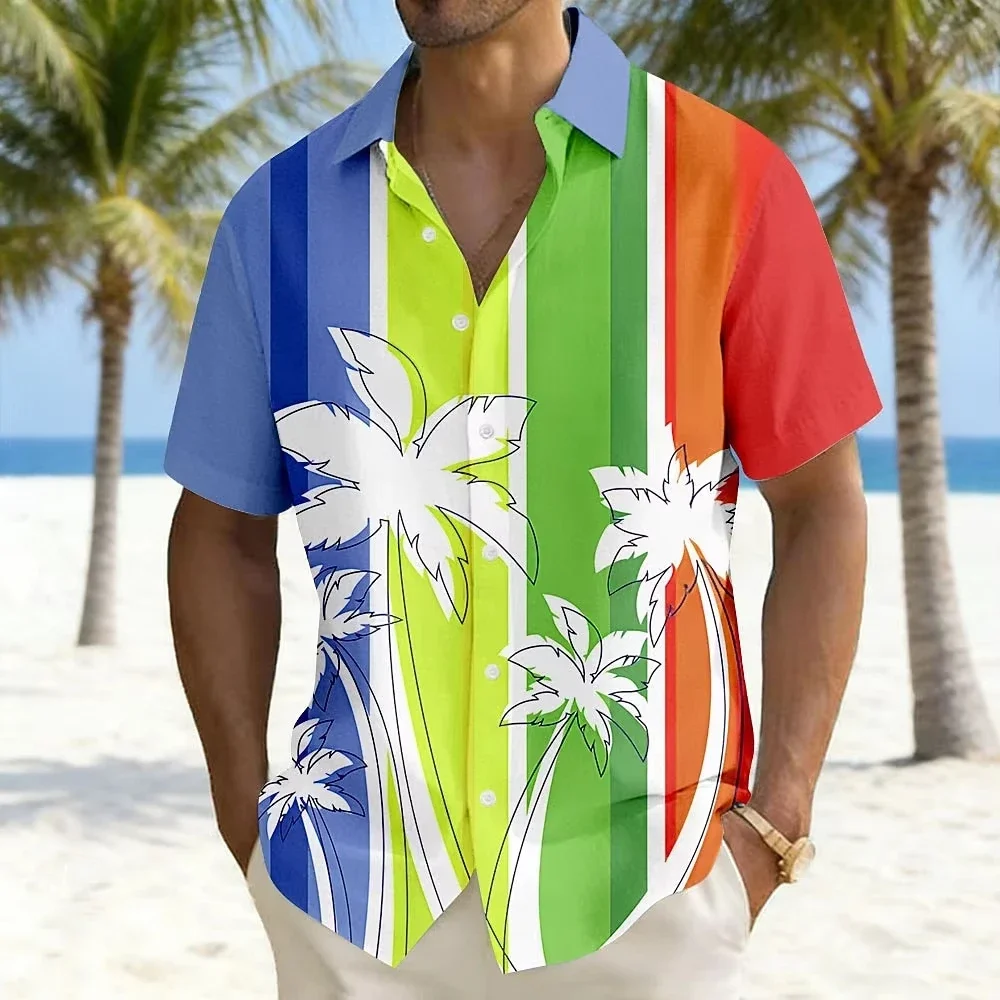 Vitality Contrasting Red Vertical Grain Coconut Forest Print Men's Short Sleeved Shirt, Versatile Daily Trend Loose Shirt