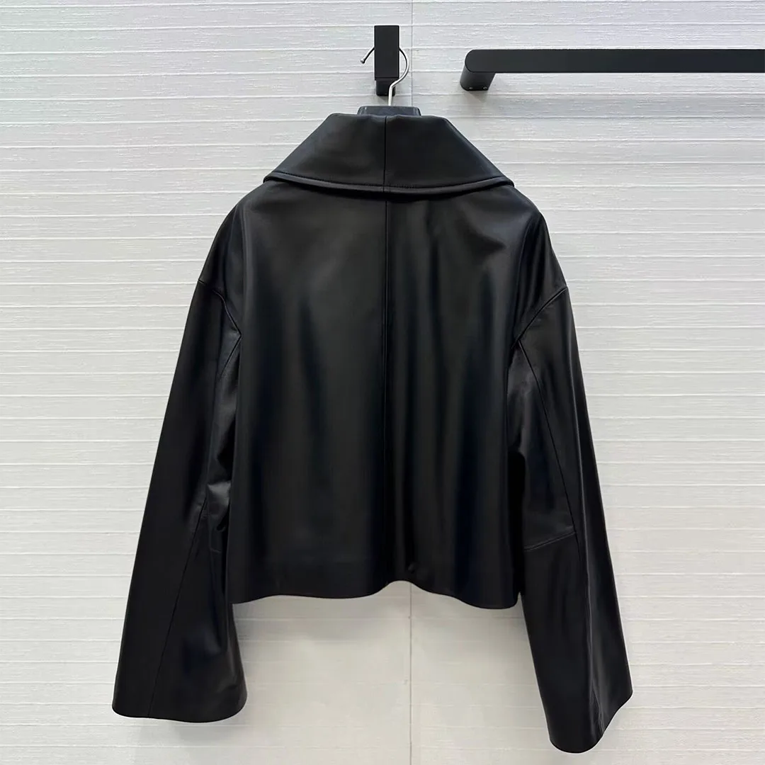 Luxury 100% Sheepskin Leather Black Short Design Coat Women Big Lapel Wide Long Sleeve Solid Chic Elegant Novelty Autumn Jacket