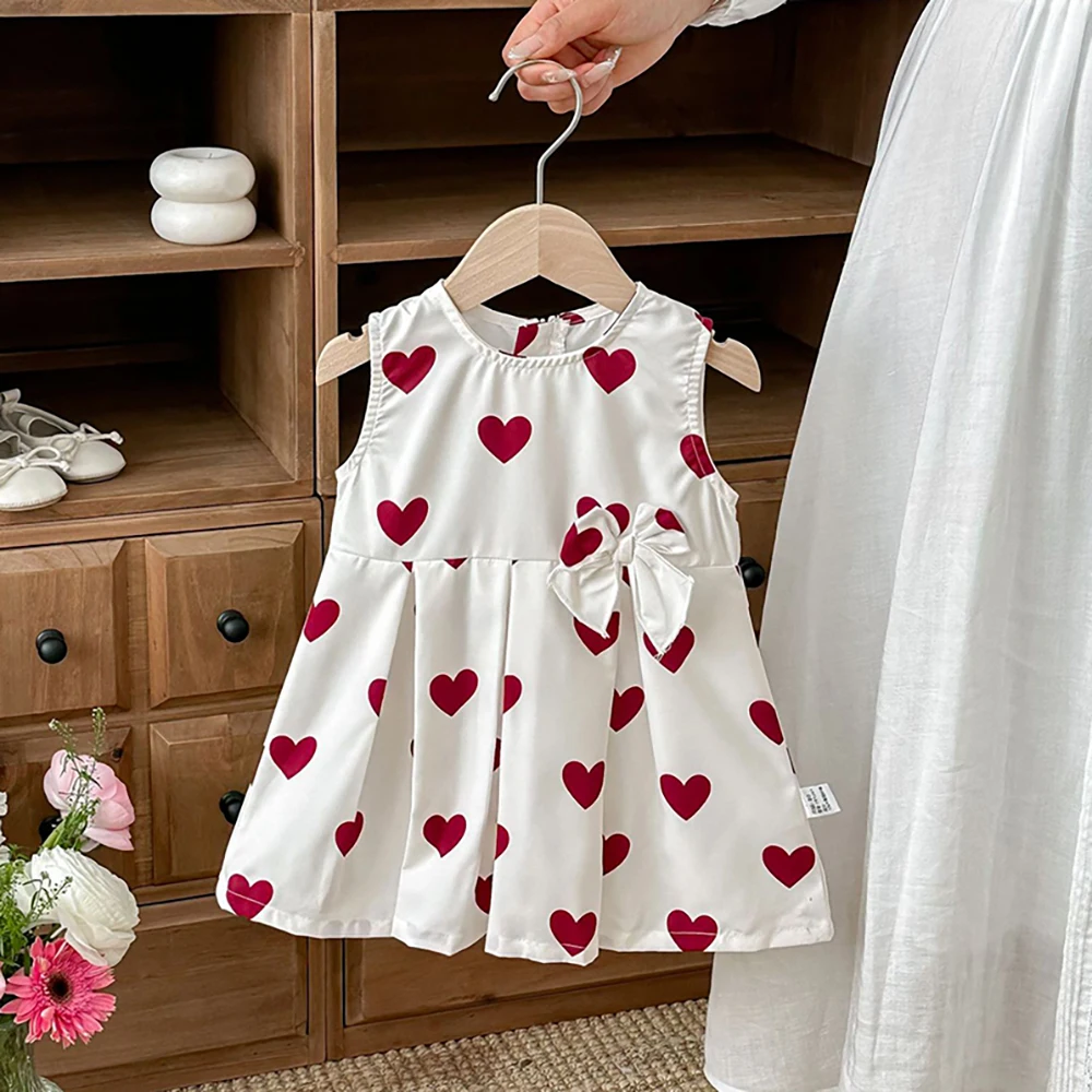 Toddler Girls Sleeveless Heart Print Dress Summer Cute Bow A-Line Summer Dresses for Kids Princess Birthday Party Wear 2026 New