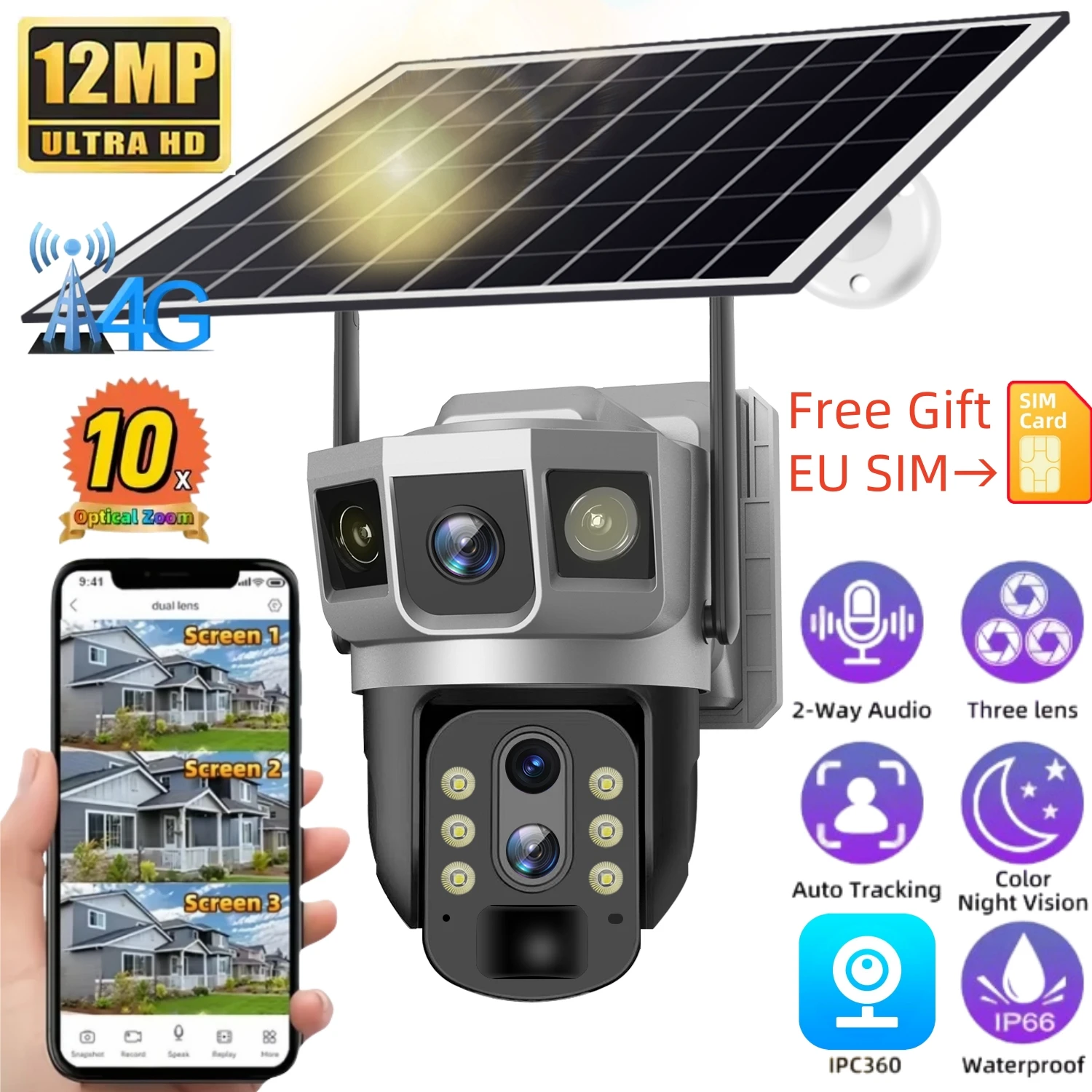 

4G IP Camera With 4G Sim Card 12MP Triple Lens Triple Screens CCTV 10x Optical Zoom Motion Detect Night Vision Security Monitor