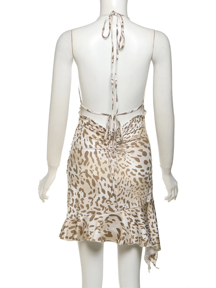 فستان قصير مطبوع عليه الفهد من Whatiwear فستان نسائي مثير برباط علوي مثير بدون ظهر مكشكش وكشكشة منتصف الليل ملابس محببة للحفلات