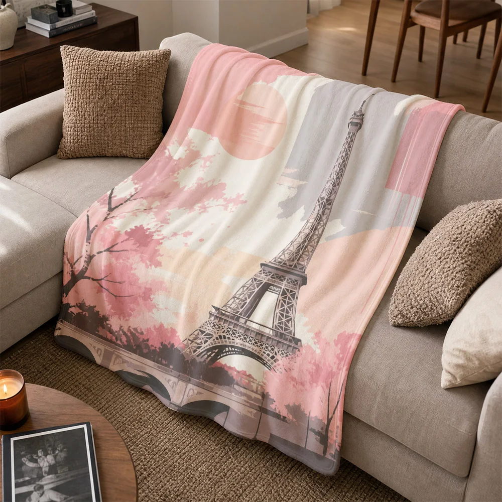 Romantic Paris Eiffel Tower Throw Blanket for Sofa Cozy Home Decor Floral Blossoms Knit Couch Throw Gift for Living Room Art