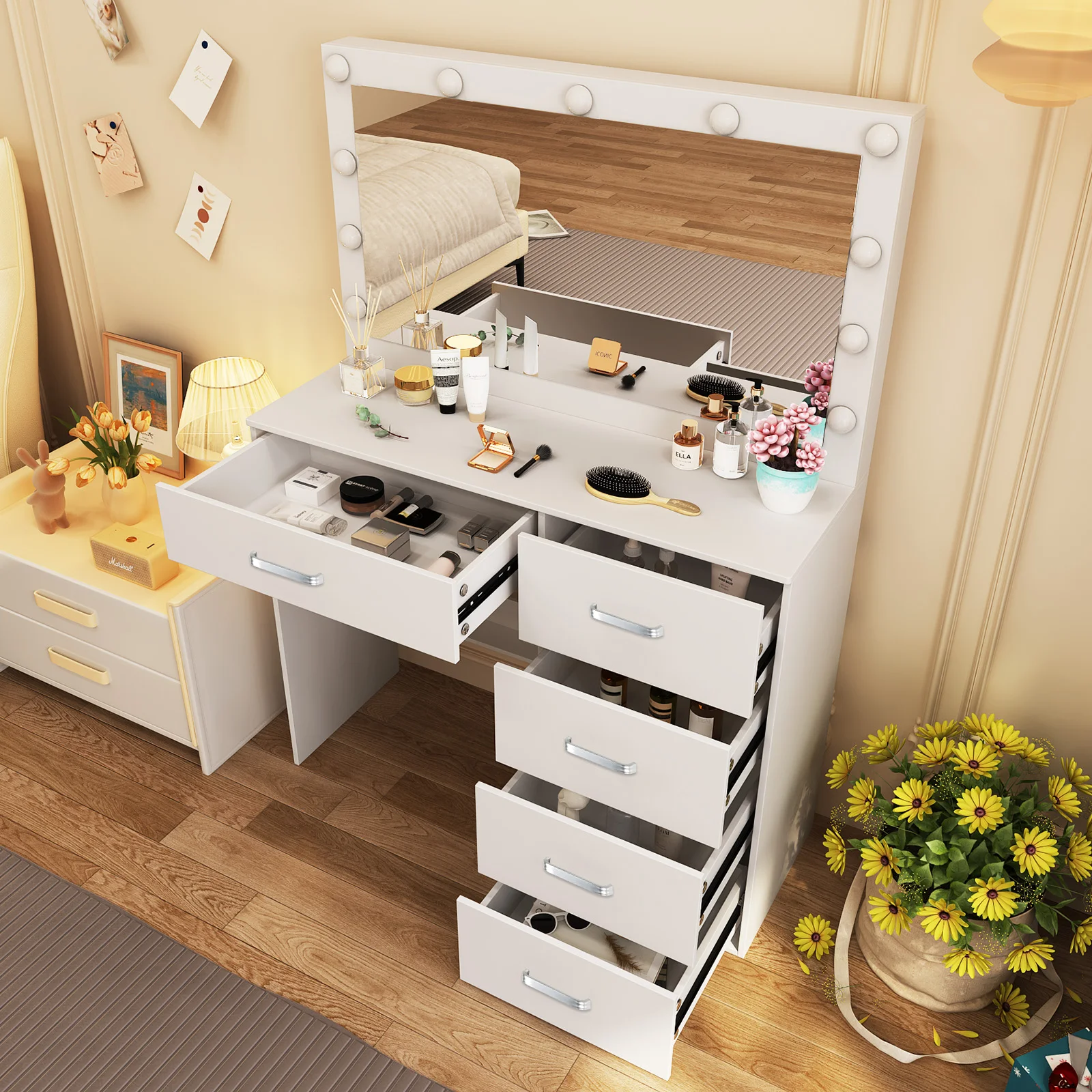 طاولة زينة للفتيات مع 11 لمبة LED مضاءة بمرآة للمكياج في الولايات المتحدة الأمريكية #2