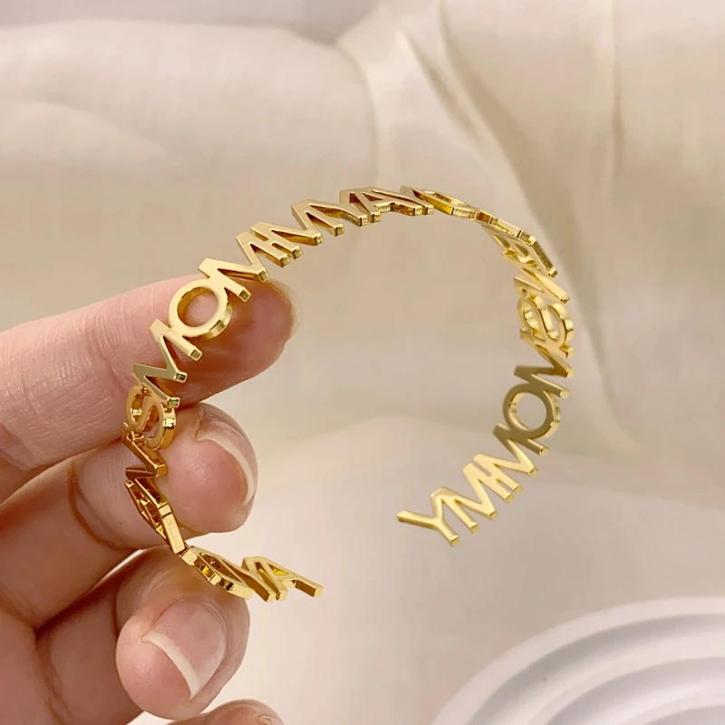 Customized Name Bracelet Women's Personalized Stainless Steel Wide Letter Bracelet Mother Children Jewelry Gift