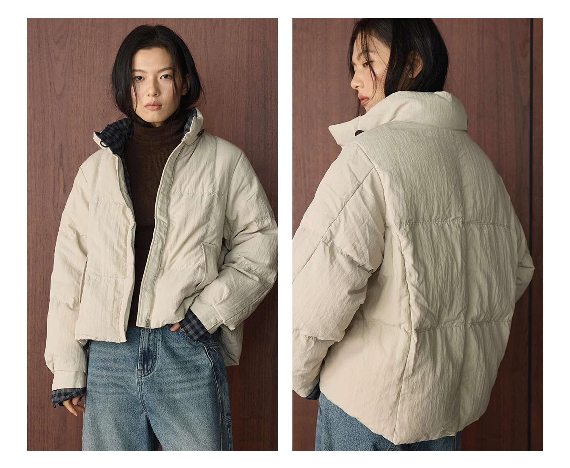 Winter Plaid Color-block Short Down Jacket Warm Coat For Women