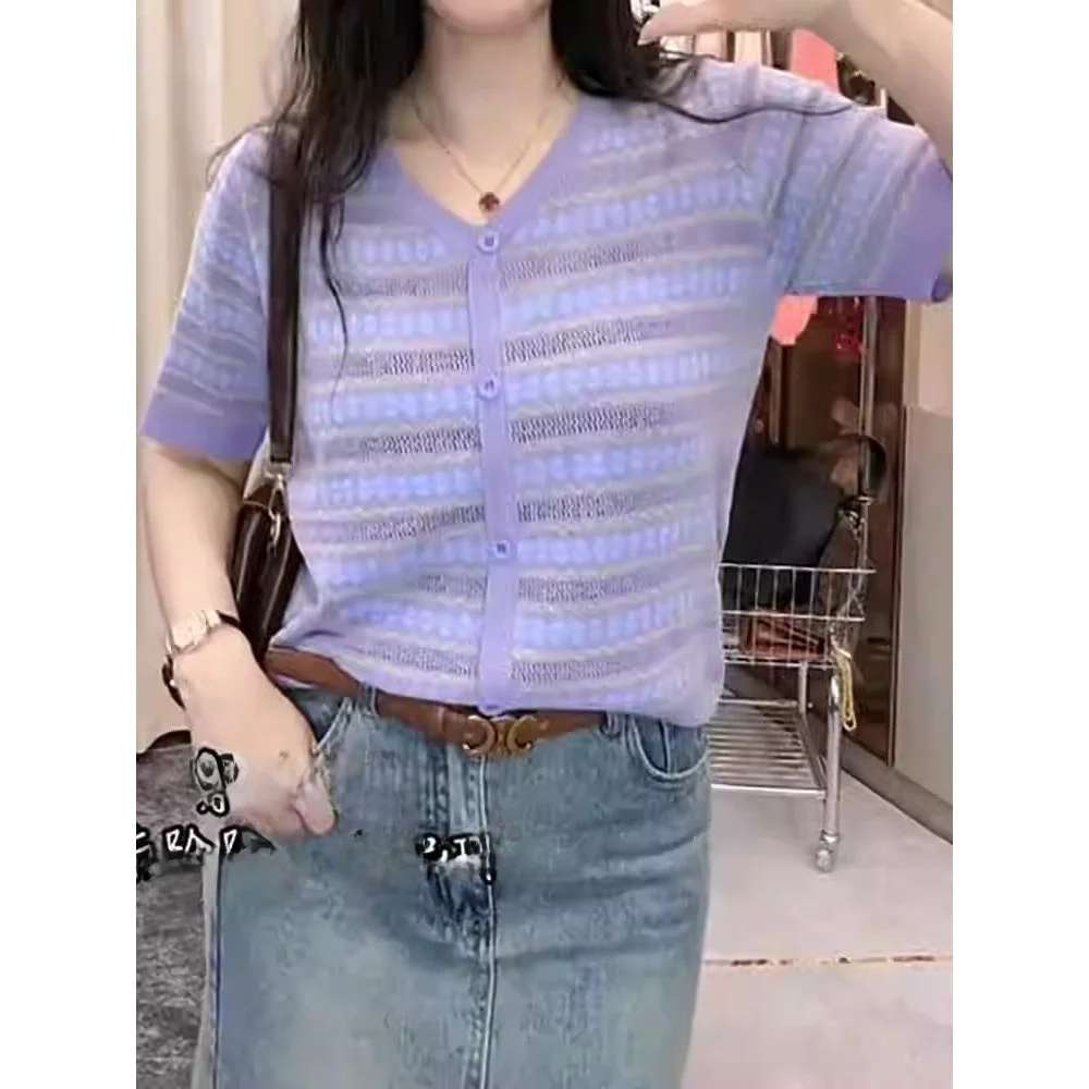 

Summer New Loose V-Neck Knitted Top Women plus Size Conceal Belly Striped Short Sleeve T-Shirt Comfortable Breathable Casual ...