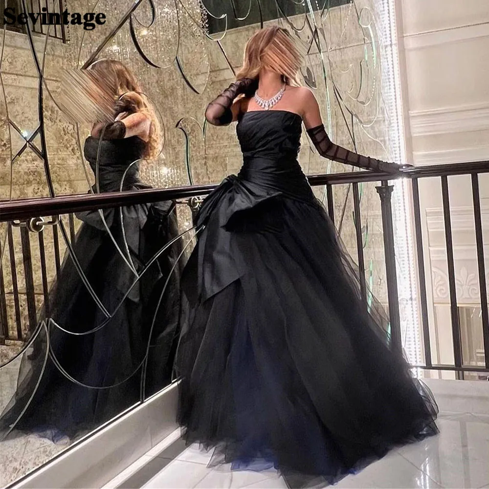 

Sevintage Black Saudi Arabia Prom Dresses Tulle Satin Pleats Bow Evening Gowns Strapless Formal Wedding Party Bridesmaid Dress