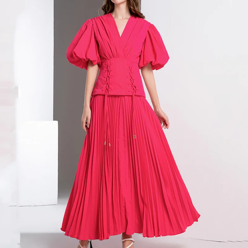 

Summer New Lace-Up Patchwork Women's V-Neck Pleated Maxi Dress Puff Short Sleeve High Waist Solid Color Elegant Vestidos