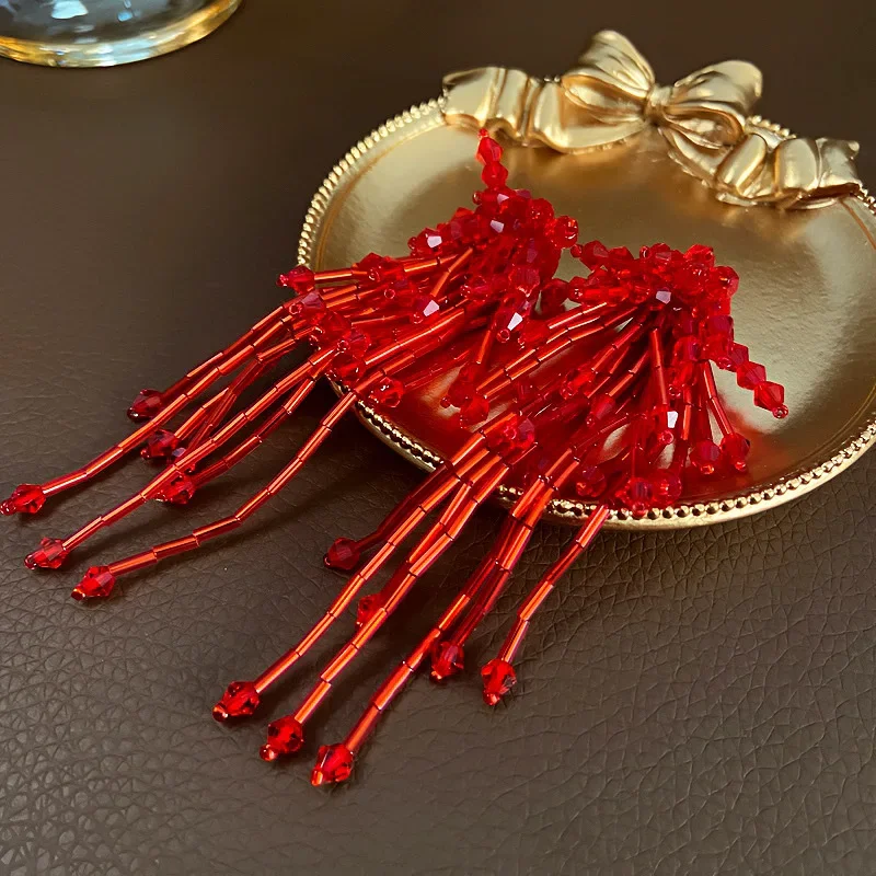 Vintage Red Beaded Fireworks Stud Earrings Hand Woven Tassel Crystal Stud Earring for Women Birthday Party Prom Jewelry Gift