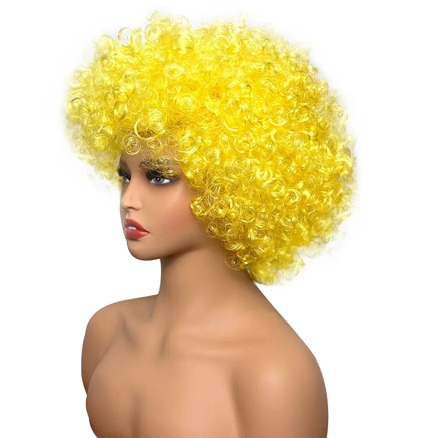 شعر مستعار أفرو أصفر قصير اصطناعي مجعد للرجال والنساء ديسكو 70s موضوع حفلة الهالوين تأثيري حلي شعر مستعار غير تقليدي
