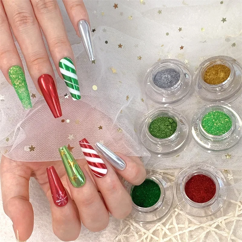 HNDO 6 Color Set Christmas Mirror Chrome Powder Nail Reflective Glitter for Nail Art Decoration Green Red Gold Pigment Dust