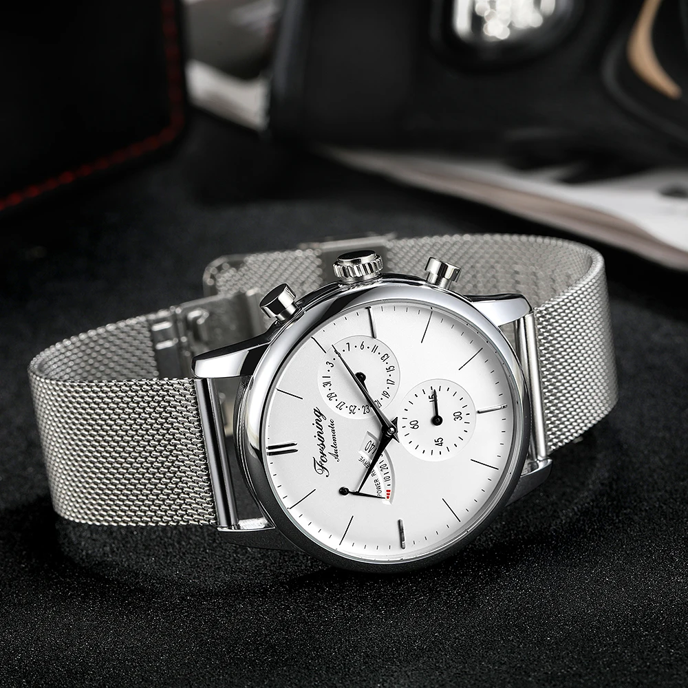 FORSINING Automatic Mechanical Men Watch with Power Reserve Indicator Auto Date Male Casual Business Wristwatch Steel Mesh Strap
