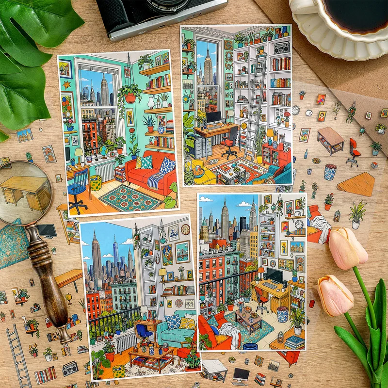 3Pcs Immersive City View PET Stickers Mini House Interior Decor Stickers for Journal Album DIY Craft Projects