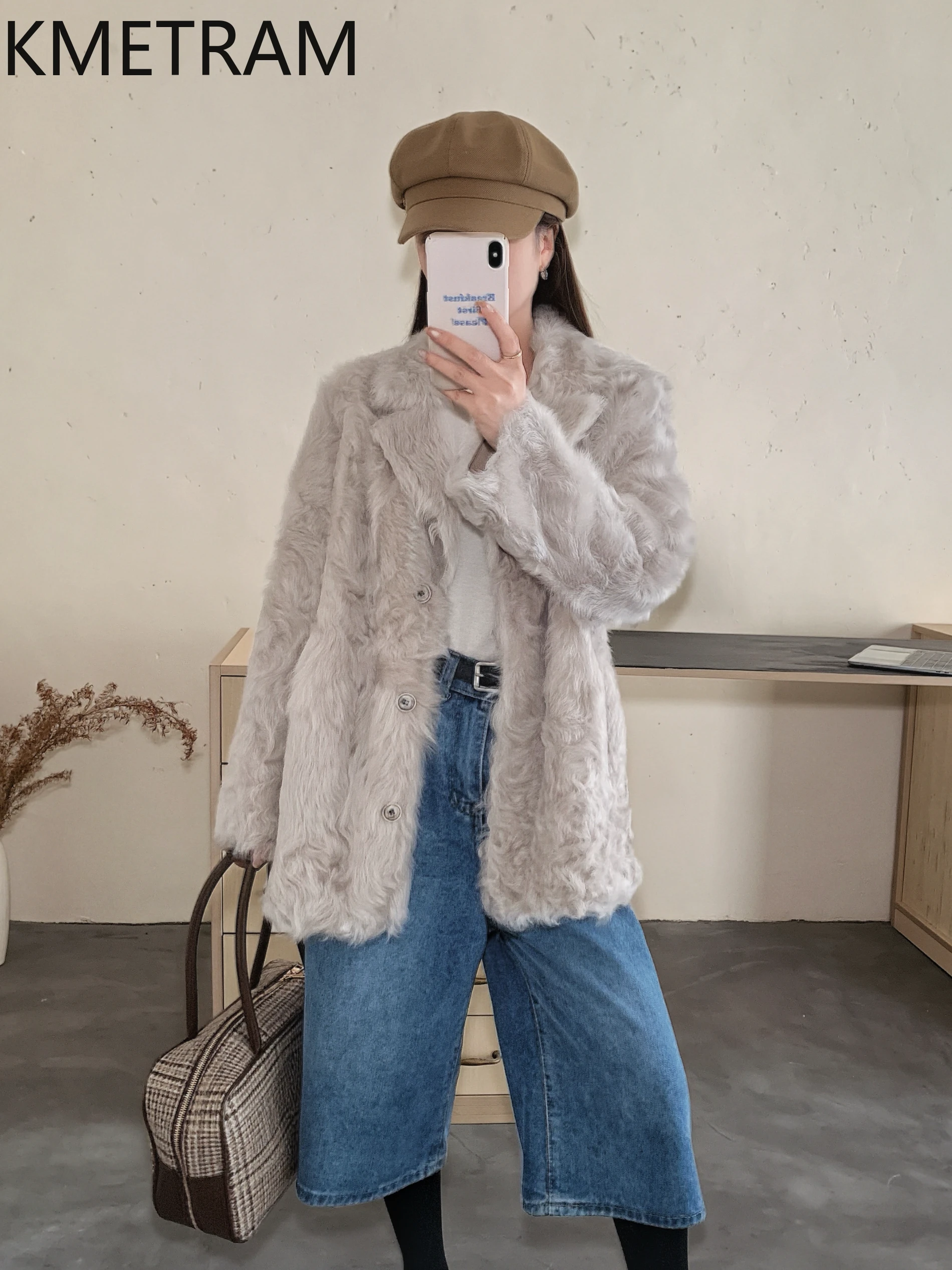 KMETRAM Natural Wool Sheepskin Double Faced Fur Coat Woman High Quality Reversible Real Fur Suit Jacket 2025 Winter Clothes шуба