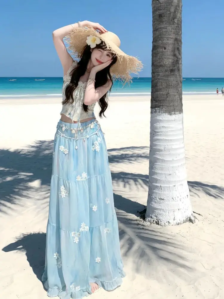 

Summer Vacation Forest System Women's Fashion Set Tight Short Strap Vest Half Skirt Two-Piece Set High Waist Floral Print