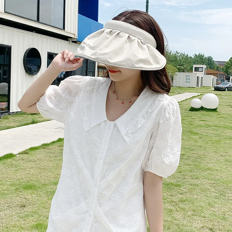 Summer Shell Sunshade Hats Women Outdoor Beach Hats Soft Foldable Wide Brim Bucket Caps UV Protection Dual Use Hair Hoop Sun Hat