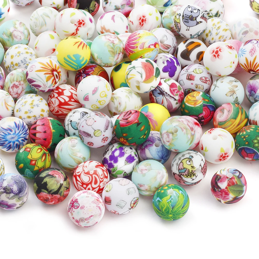 10Pcs New Silicone Beads 15mm Flower Print Round Beads For Making DIY Necklace Bracelet Pacifier Chain Baby teether Accessories