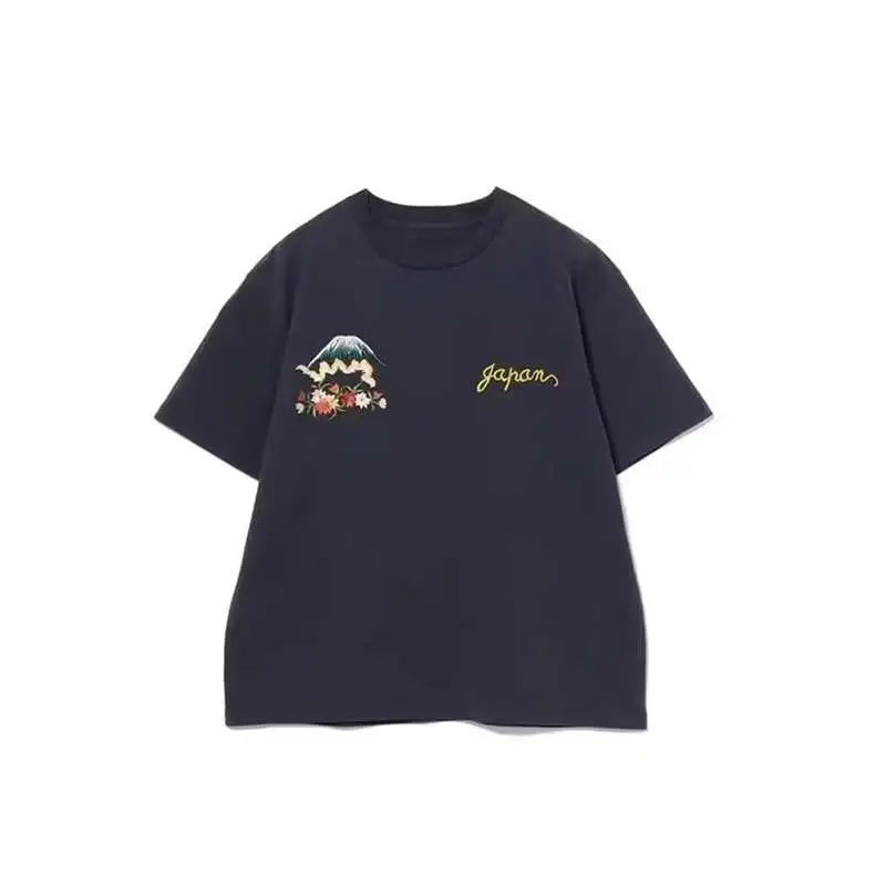 25SS اليابانية الرجعية الربيع/الصيف جديد زهر الكرز رسالة جولة الرقبة عارضة قصيرة الأكمام تي شيرت للرجال والنساء