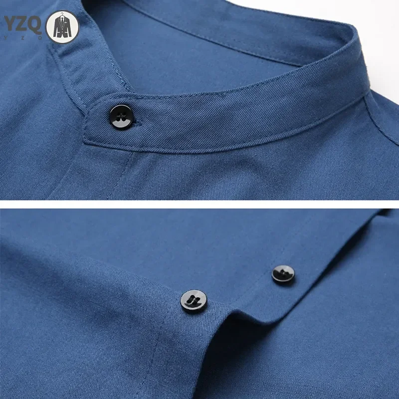 New Men\'s Standing Collar Casual Shirt Cotton Comfortable Long Sleeved Top